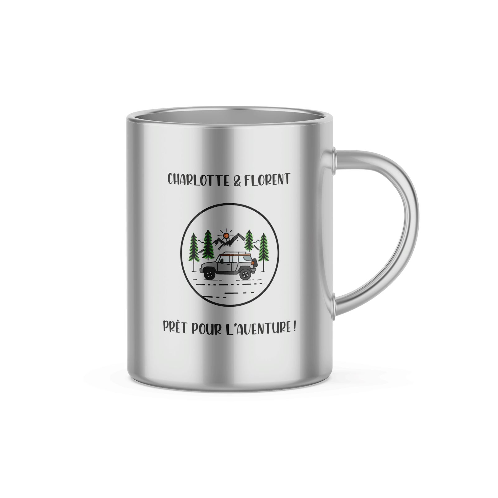 Customizable double-walled stainless steel coffee cup · Ideal tableware for camping · 33 cL
