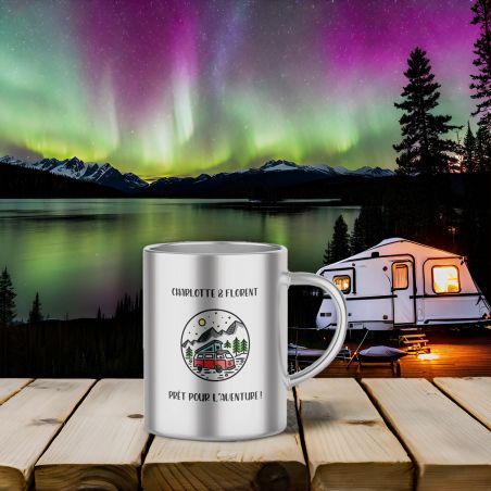 Customizable double-walled stainless steel coffee cup · Ideal tableware for camping · 33 cL