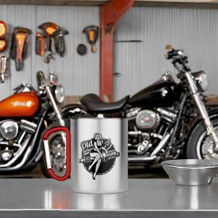 Double-walled stainless steel coffee cup with customizable carabiner with text, photo and logo · 33 cl