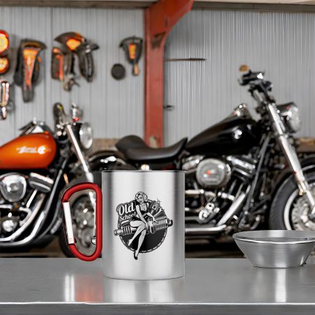 Double-walled stainless steel coffee cup with customizable carabiner with text, photo and logo · 33 cl