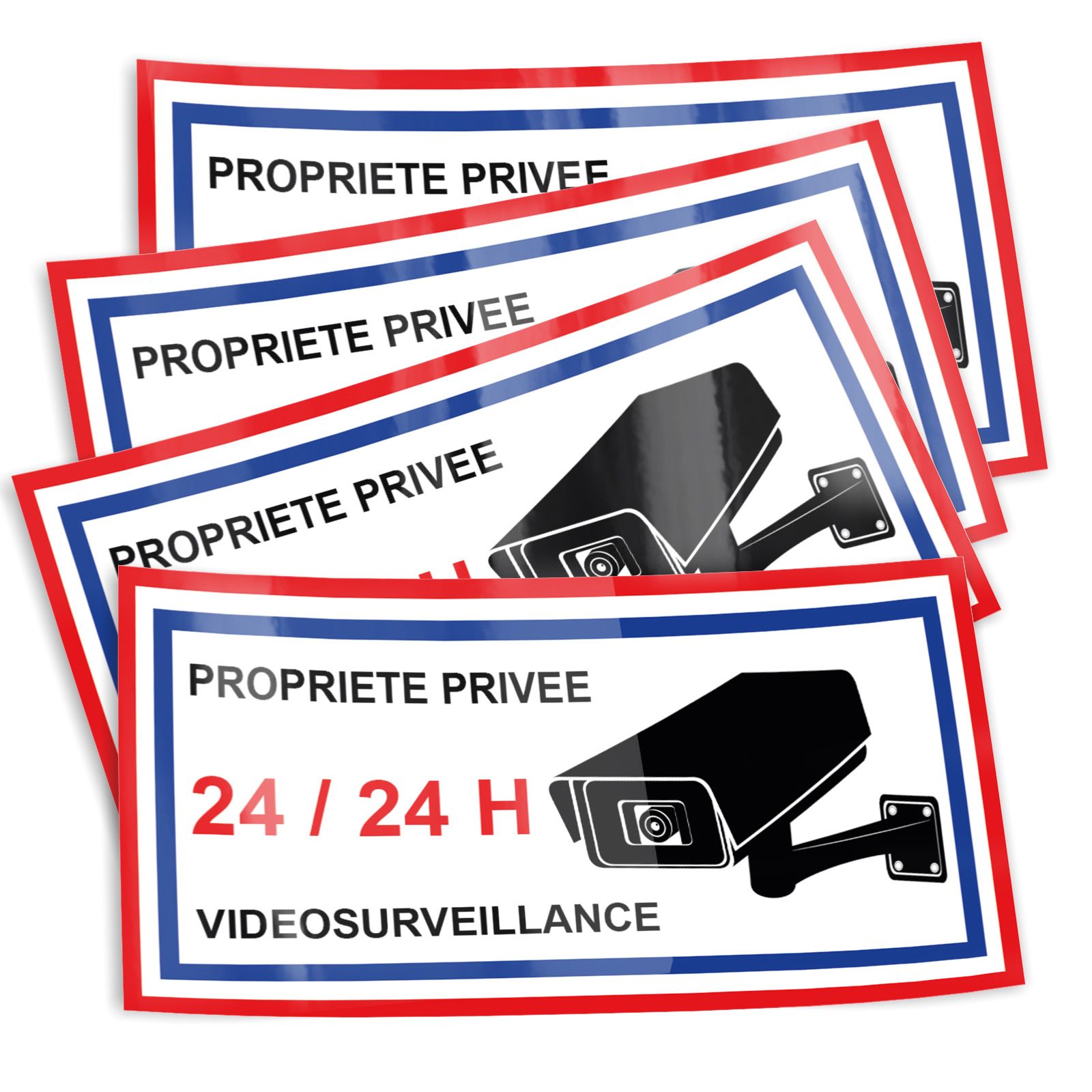 Lot de 4 stickers vidéosurveillance 24/24H - Format 4,5 x 9 cm - Vinyle haute résistance pour fenêtre et surface lisse