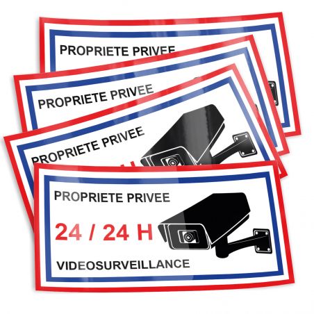 Lot de 4 stickers vidéosurveillance 24/24H - Format 4,5 x 9 cm - Vinyle haute résistance pour fenêtre et surface lisse