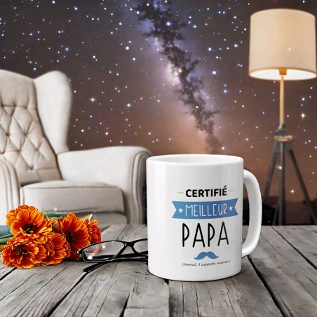 Mug Certifié Meilleur Papa - Cadeau Anniversaire ou Noël pour super père - Imprimé en France