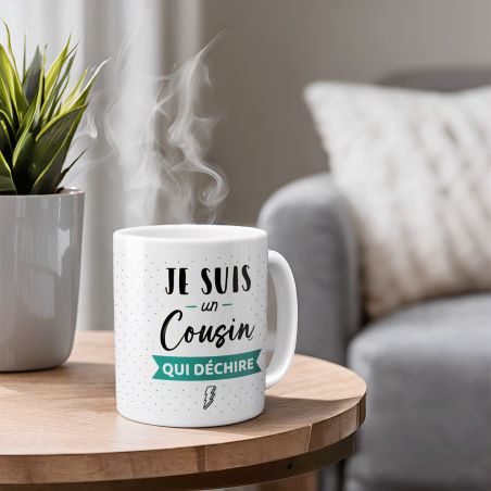 Mug Cousin qui Déchire - Tasse cadeau Anniversaire ou Noël - 33 cL, Céramique - Imprimé en France