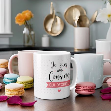 Mug Cousine qui Déchire - Tasse cadeau Anniversaire ou Noël - 33 cL, Céramique - Imprimé en France