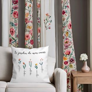 Coussin carré + garniture personnalisable avec prénoms · Le jardin de mon cœur · Cadeau décoratif anniversaire ou fête des mères