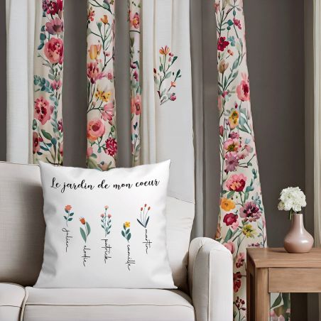 Coussin carré + garniture personnalisable avec prénoms · Le jardin de mon cœur · Cadeau décoratif anniversaire ou fête des mères