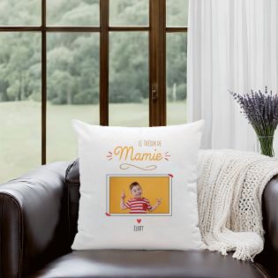 Coussin carré blanc "Le Trésor de Mamie" personnalisé avec Photo