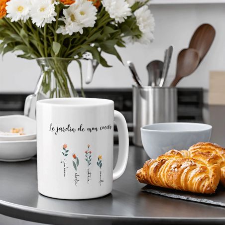 Mug en céramique blanc personnalisable avec prénoms · Le jardin de mon cœur - 33 cl, Céramique - Imprimé en France