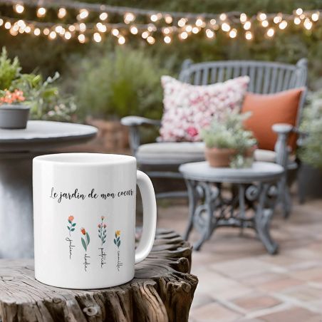 Mug en céramique blanc personnalisable avec prénoms · Le jardin de mon cœur - 33 cl, Céramique - Imprimé en France