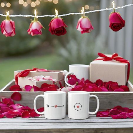 Lot de 2 mugs en céramique Couple personnalisés Prénoms · Flèche et Cible · Saint-Valentin - 33 cl, Céramique - Imprimé en Franc