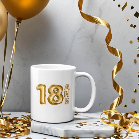 Happy Birthday Mug · Golden Balloons 18 years · Personalized with First Name