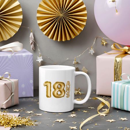 Happy Birthday Mug · Golden Balloons 18 years · Personalized with First Name
