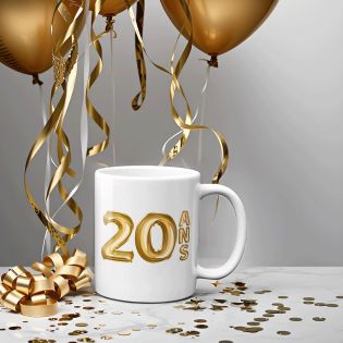 Mug Joyeux Anniversaire · Ballons Dorés 20 ans · Personnalisé avec Prénom - 33 cl, Céramique - Imprimé en France