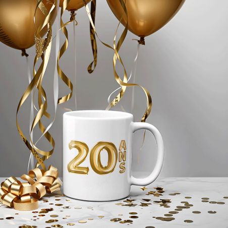 Mug Joyeux Anniversaire · Ballons Dorés 20 ans · Personnalisé avec Prénom - 33 cl, Céramique - Imprimé en France