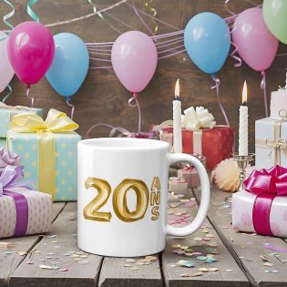 Mug Joyeux Anniversaire · Ballons Dorés 20 ans · Personnalisé avec Prénom - 33 cl, Céramique - Imprimé en France