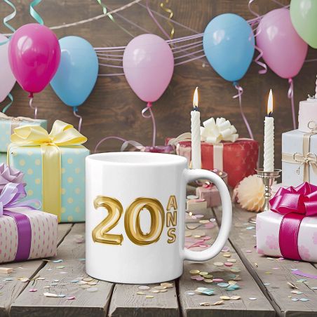 Mug Joyeux Anniversaire · Ballons Dorés 20 ans · Personnalisé avec Prénom - 33 cl, Céramique - Imprimé en France