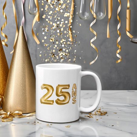 Mug Joyeux Anniversaire · Ballons Dorés 25 ans · Personnalisé avec Prénom - 33 cl, Céramique - Imprimé en France