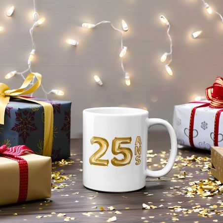 Mug Joyeux Anniversaire · Ballons Dorés 25 ans · Personnalisé avec Prénom - 33 cl, Céramique - Imprimé en France