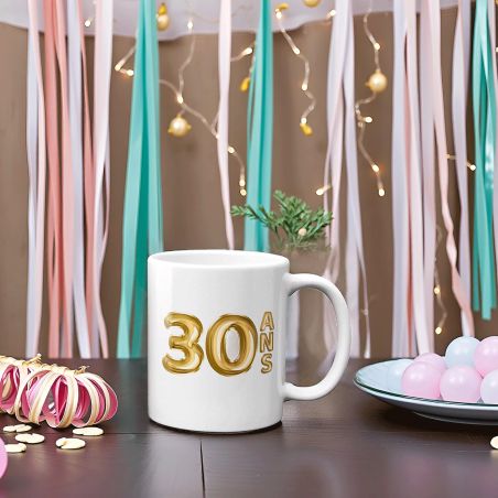 Mug Joyeux Anniversaire · Ballons Dorés 30 ans · Personnalisé avec Prénom - 33 cl, Céramique - Imprimé en France