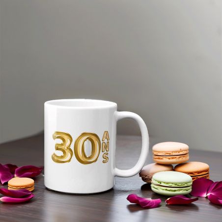 Mug Joyeux Anniversaire · Ballons Dorés 30 ans · Personnalisé avec Prénom - 33 cl, Céramique - Imprimé en France
