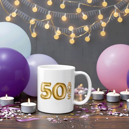 Mug Joyeux Anniversaire · Ballons Dorés 50 ans · Personnalisé avec Prénom - 33 cl, Céramique - Imprimé en France