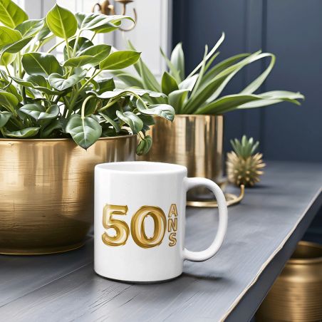 Mug Joyeux Anniversaire · Ballons Dorés 50 ans · Personnalisé avec Prénom - 33 cl, Céramique - Imprimé en France