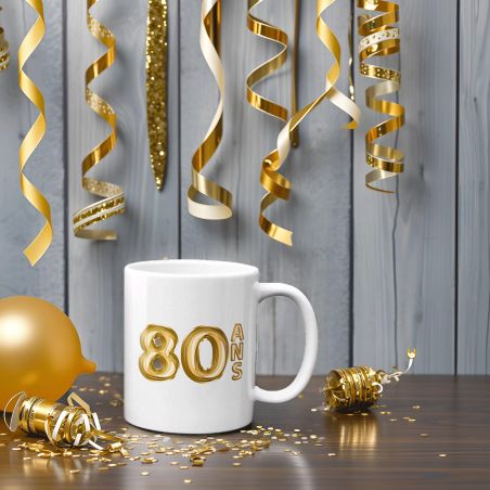 Mug Joyeux Anniversaire · Ballons Dorés 80 ans · Personnalisé avec Prénom - 33 cl, Céramique - Imprimé en France