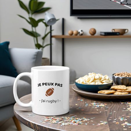 Mug en céramique blanc personnalisable · Je peux pas j'ai rugby · Cadeau passionné de rugby - 33 cl, Céramique - Imprimé en Fran