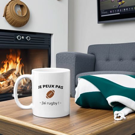Mug en céramique blanc personnalisable · Je peux pas j'ai rugby · Cadeau passionné de rugby - 33 cl, Céramique - Imprimé en Fran