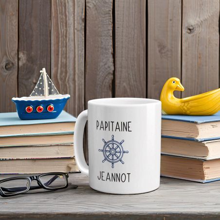 Mug en céramique blanc personnalisé avec prénoms petits-enfants · Papitaine · Cadeau papy - 33 cl, Céramique - Imprimé en France