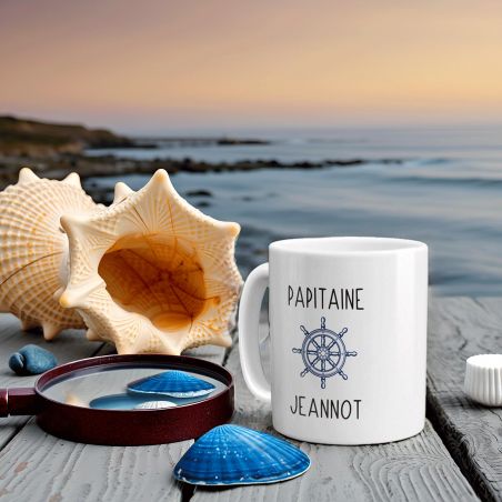 Mug en céramique blanc personnalisé avec prénoms petits-enfants · Papitaine · Cadeau papy - 33 cl, Céramique - Imprimé en France