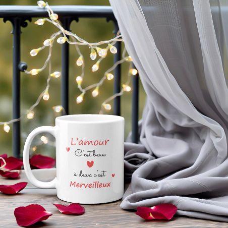 Mug en céramique L'amour c'est beau, A deux c'est merveilleux - 33 cl, Céramique - Imprimé en France