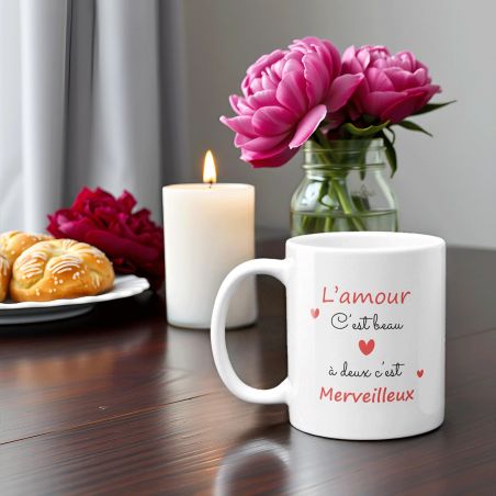 Mug en céramique L'amour c'est beau, A deux c'est merveilleux - 33 cl, Céramique - Imprimé en France