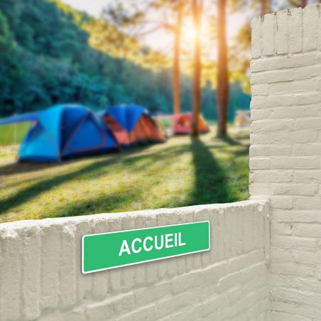 Panneau de signalisation pour camping "ACCUEIL" - 48 x 10 cm - Vert