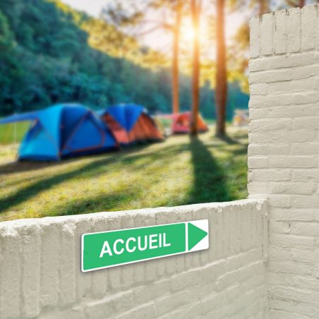 Panneau de signalisation pour camping "ACCUEIL Droite" - 48 x 10 cm - Vert