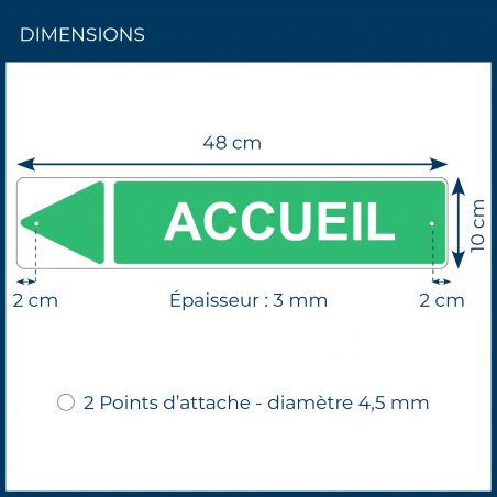 Panneau de signalisation pour camping "ACCUEIL Gauche" - 48 x 10 cm - Vert