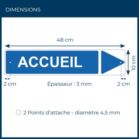 Panneau de signalisation pour camping "ACCUEIL Droite" - 48 x 10 cm - Bleu