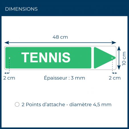 Panneau de signalisation pour camping "TENNIS Droite" - 48 x 10 cm - Vert