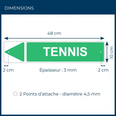 Panneau de signalisation pour camping "TENNIS Gauche" - 48 x 10 cm - Vert