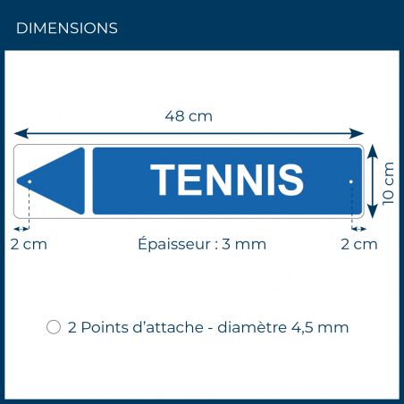Panneau de signalisation pour camping "TENNIS Gauche" - 48 x 10 cm - Bleu