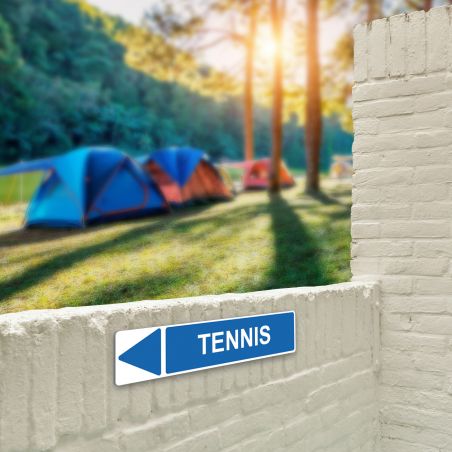 Panneau de signalisation pour camping "TENNIS Gauche" - 48 x 10 cm - Bleu