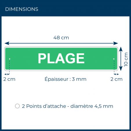 Panneau de signalisation pour camping "PLAGE" - 48 x 10 cm - Vert