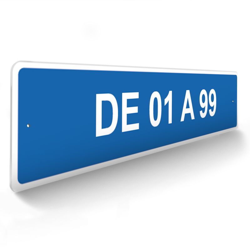 Panneau de signalisation personnalisable pour camping "DE 01 A 99" - 48 x 10 cm - Bleu Panneau de signalisation personnalisable pour camping "DE 01 A 99" - 48 x 10 cm - Bleu