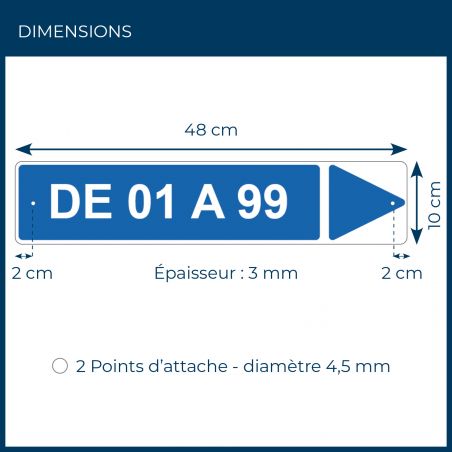 Panneau de signalisation personnalisable pour camping "DE 01 A 99 Droite" - 48 x 10 cm - Bleu