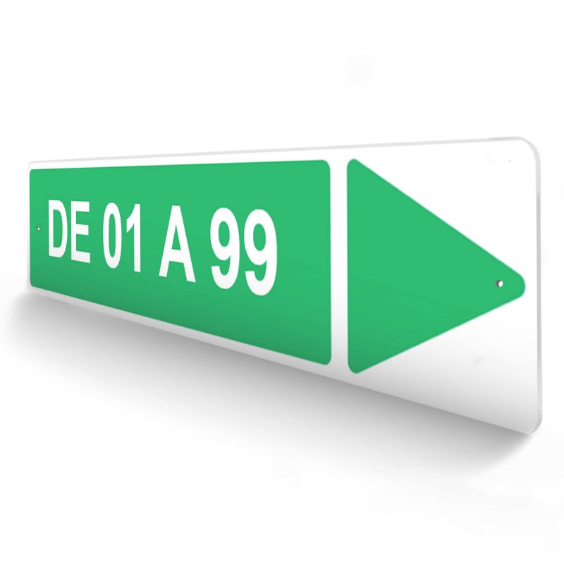 Panneau de signalisation personnalisable pour camping "DE 01 A 99 Droite" - 48 x 10 cm - Vert Panneau de signalisation personnalisable pour camping "DE 01 A 99 Droite" - 48 x 10 cm - Vert