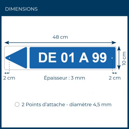 Panneau de signalisation personnalisable pour camping "DE 01 A 99 Gauche" - 48 x 10 cm - Bleu