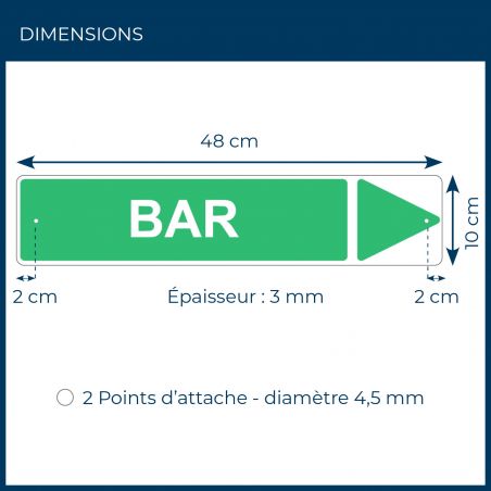 Panneau de signalisation pour camping "BAR Droite" - 48 x 10 cm - Vert