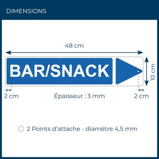 Panneau de signalisation pour camping "BAR/SNACK Droite" - 48 x 10 cm - Bleu