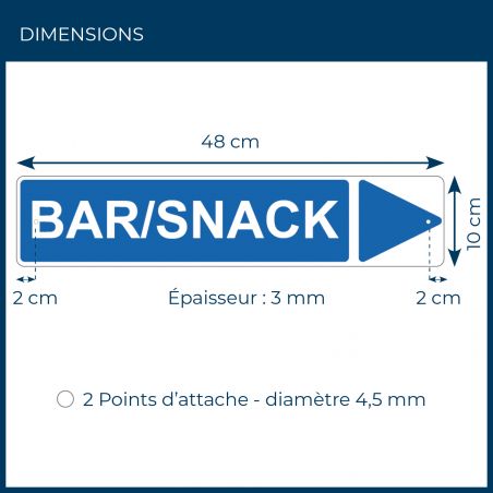 Panneau de signalisation pour camping "BAR/SNACK Droite" - 48 x 10 cm - Bleu
